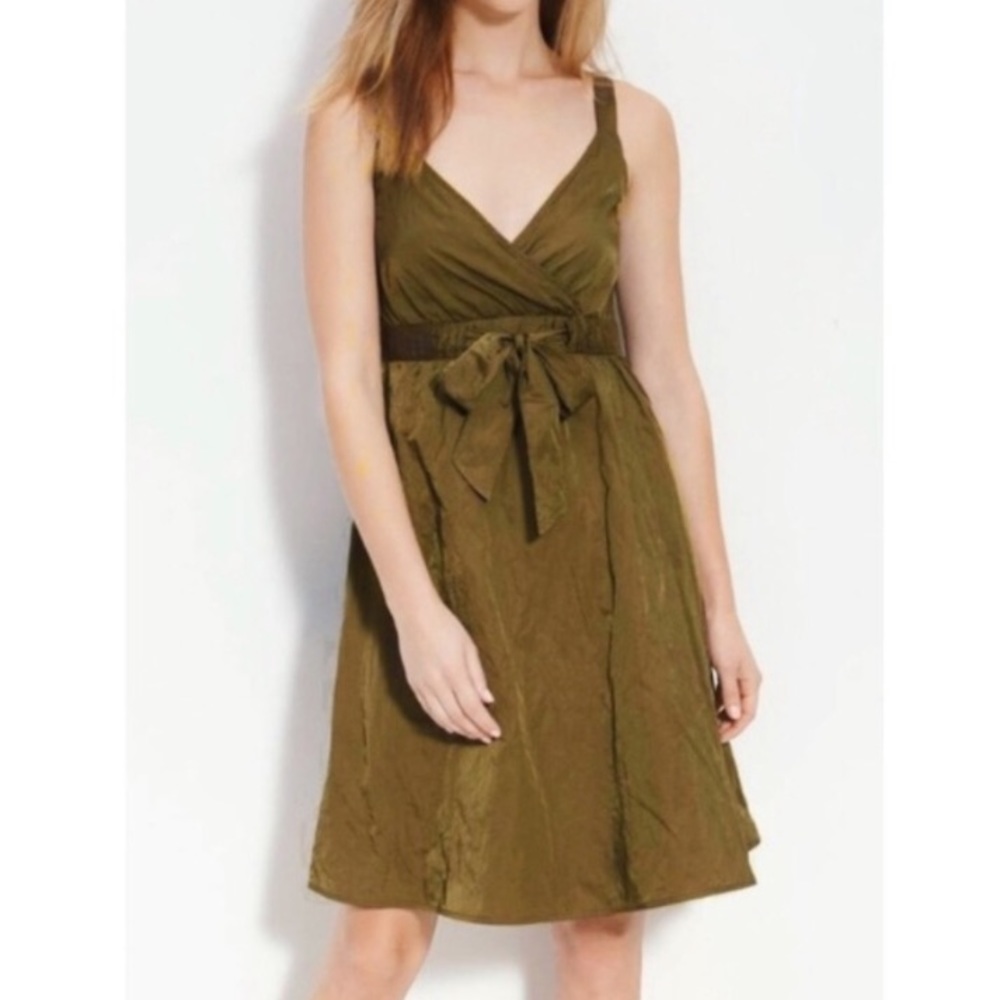 Eileen Fisher Olivine Satin Steel Tie Front Dress